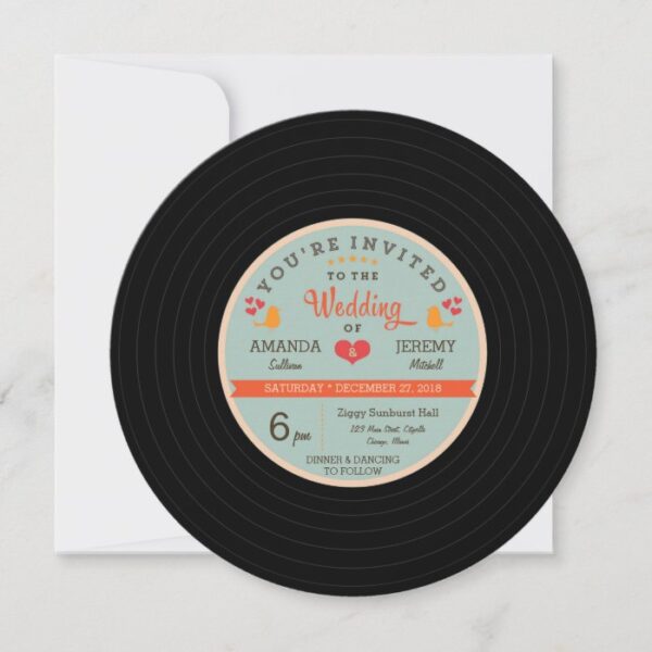Modern Retro Vinyl Record Orange Sky Blue Wedding Invitation