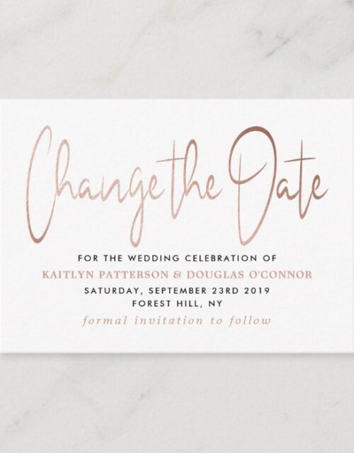 Modern Rose Gold Foil Script Change The Date Enclosure Card