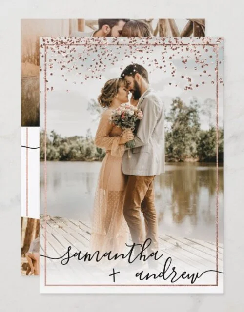 Modern rose gold frame script 5 photos wedding invitation