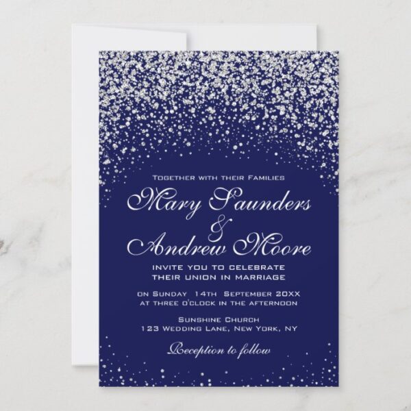Modern  Silver Confetti on Royal Blue Invitation