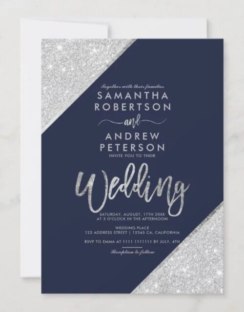 Modern silver glitter typography navy blue wedding invitation