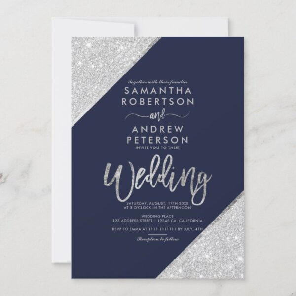 Modern silver glitter typography navy blue wedding invitation