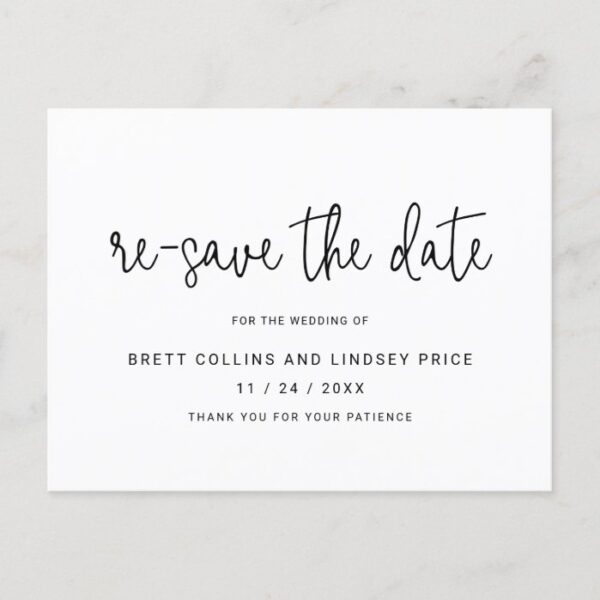 Modern Thin Script Typography Re-Save the Date Announcement Postcard