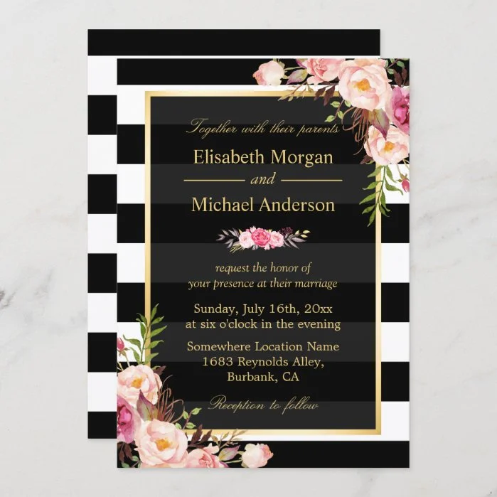 Modern Vintage Pink Floral Stripes Formal Wedding Invitation