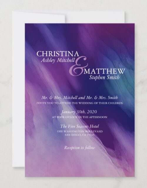 Modern Watercolor Purple Navy Blue Wedding Invitation