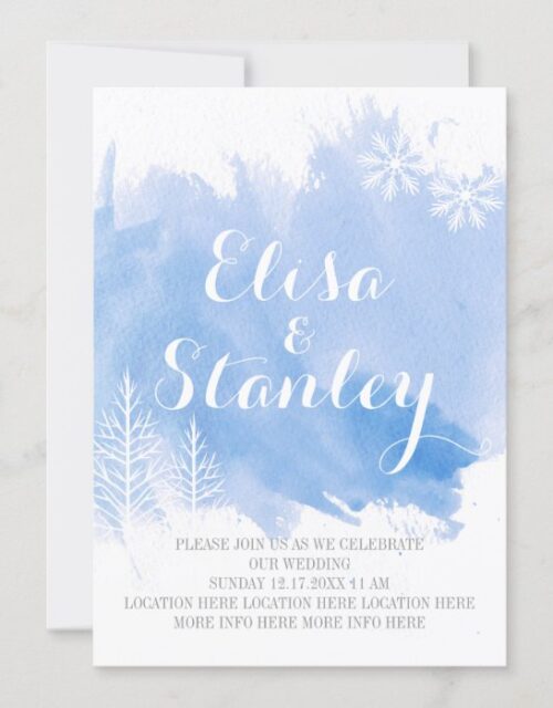 Modern watercolor splash light blue winter wedding invitation