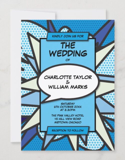 Modern Wedding Fun Designer Blue Comic Book Invitation