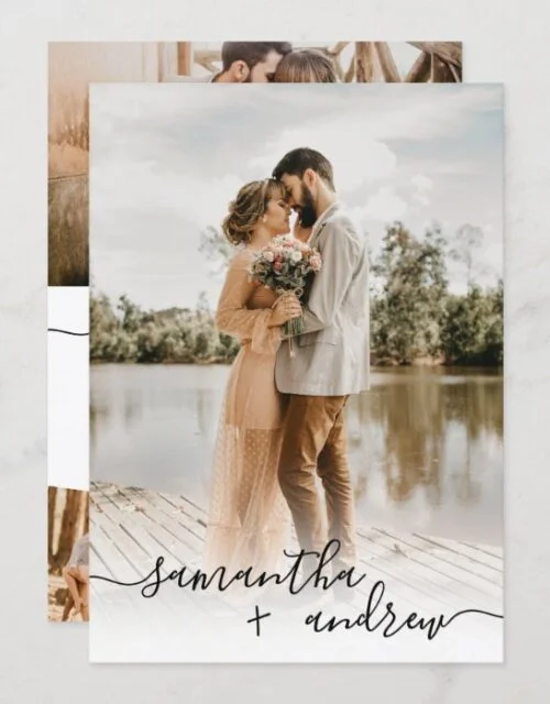 Modern white minimalist script 5 photos wedding invitation