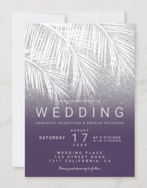 Modern white palm tree silver purple wedding invitation