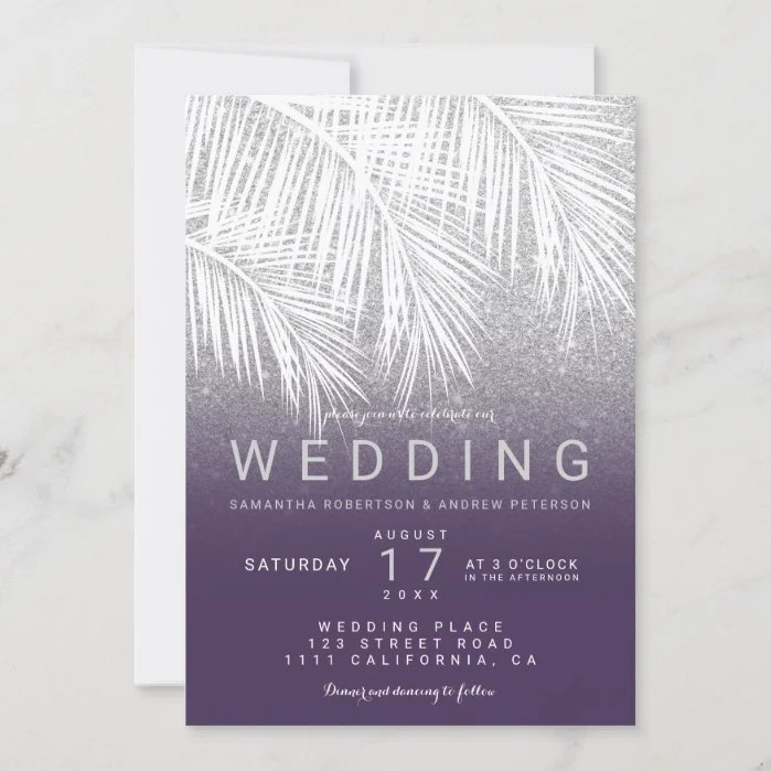 Modern white palm tree silver purple wedding invitation