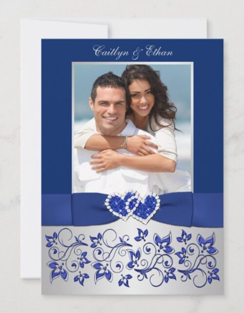 Monogram Blue, Silver Floral PHOTO Wedding Invite
