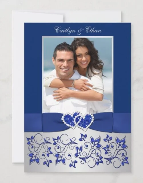 Monogram Blue, Silver Floral PHOTO Wedding Invite