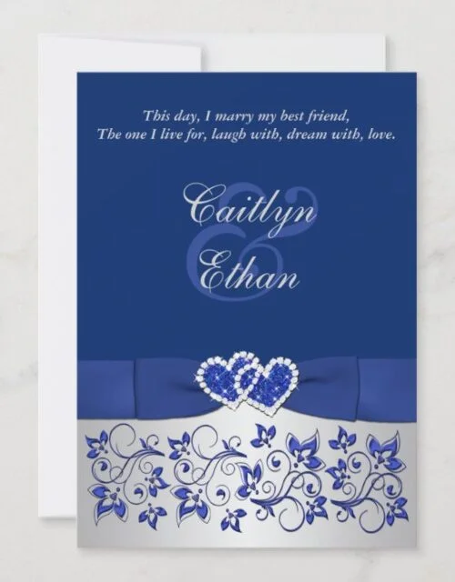 Monogram Blue, Silver Floral Wedding Invitation