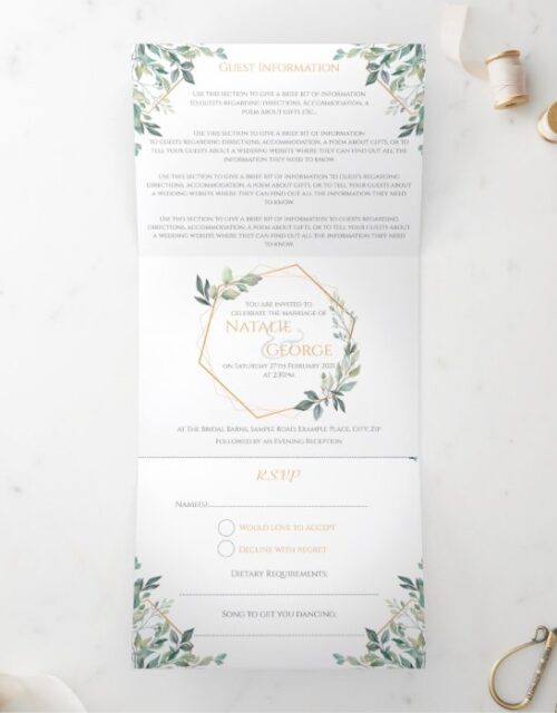 Monogram Gold Leaf Tri-fold Wedding Invitations