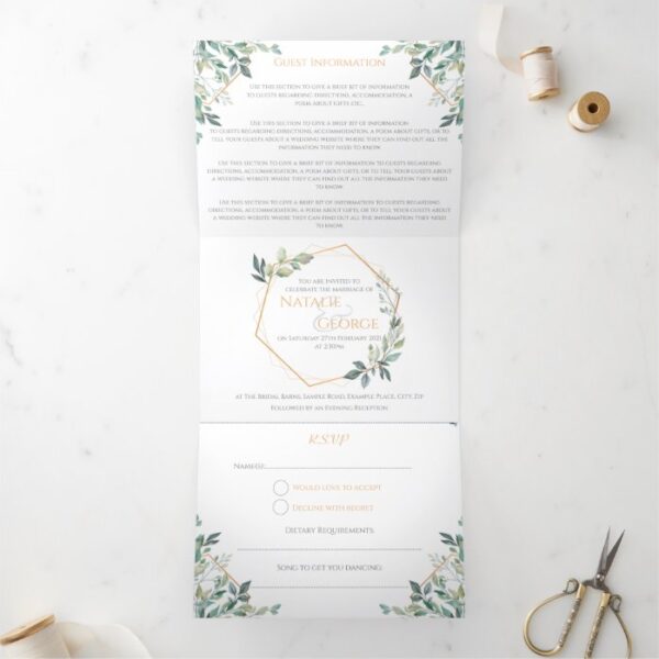 Monogram Gold Leaf Tri-fold Wedding Invitations