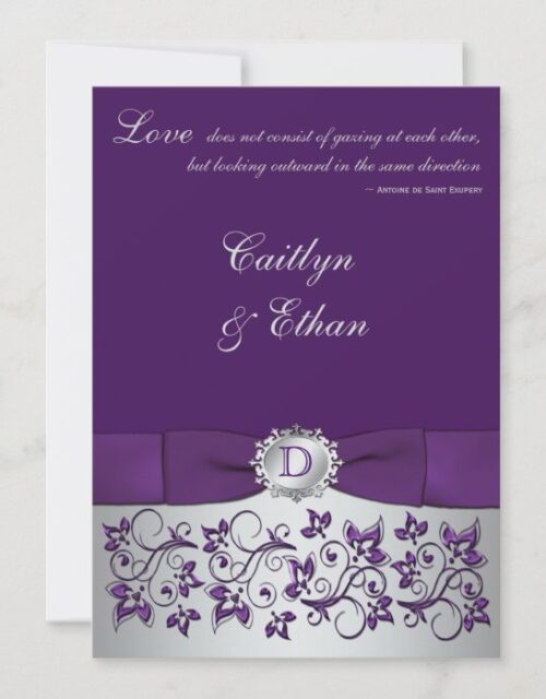 Monogram Purple, Silver Floral Wedding Invitation