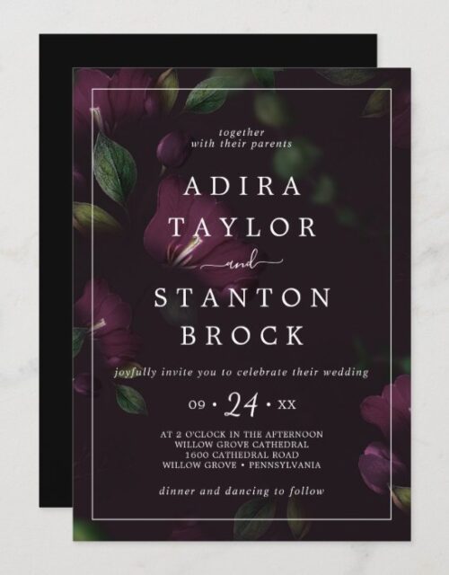 Moody Purple Blooms | Black Pattern Wedding Invitation