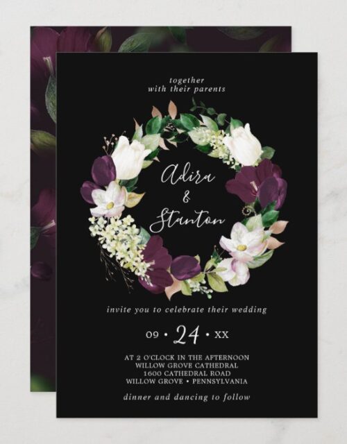 Moody Purple Blooms | Black Wreath Wedding Invitation