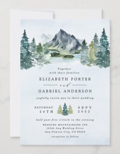 Mountain Watercolor Elegant Rustic Themed Wedding Invitation