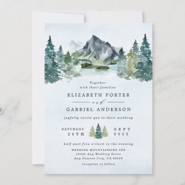 Mountain Watercolor Elegant Rustic Themed Wedding Invitation
