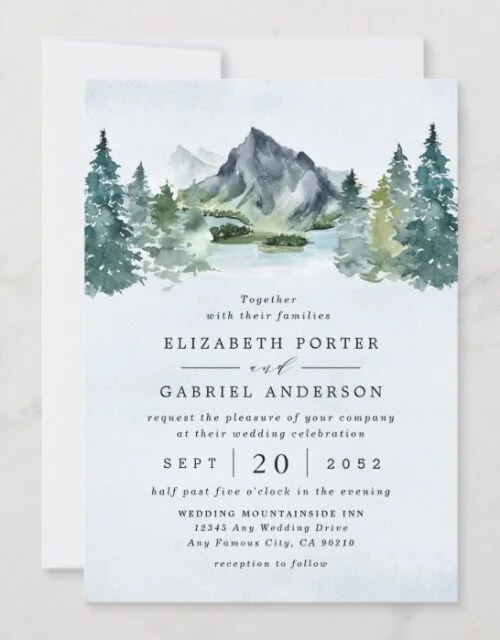 Mountain Watercolor Evergreen Rustic Tree Wedding Invitation