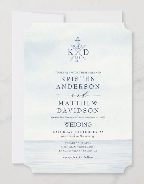 Nautical Anchor Monogram Watercolor Ocean Wedding Invitation