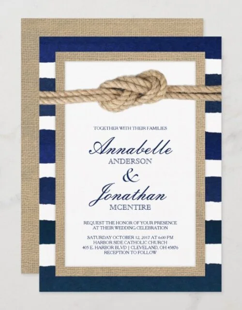 Nautical Knot Burlap & Watercolor Navy Stripes Invitation