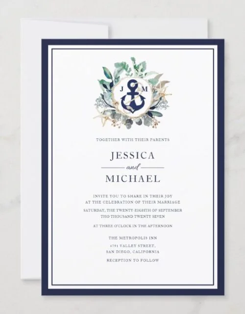 Nautical Rustic Watercolor Navy Anchor Wedding Invitation