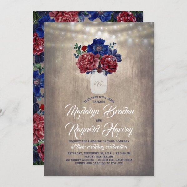 Navy and Burgundy Floral Mason Jar Rustic Wedding Invitation
