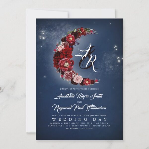 Navy and Burgundy Floral Starry Night Moon Wedding Invitation