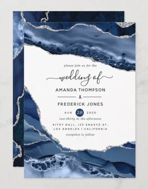 Navy and Silver Agate Wedding Invitation