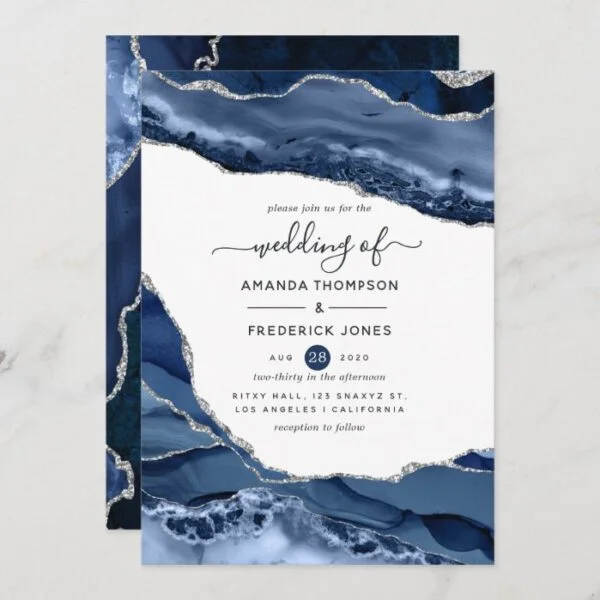 Navy and Silver Agate Wedding Invitation