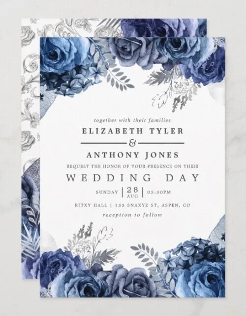 Navy and White with Silver Foil Floral Wedding Invitation