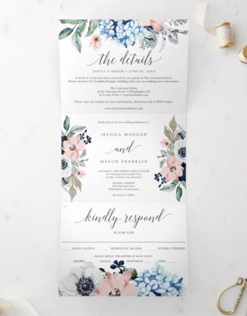 Navy Blooms Wedding Tri-Fold Invitations RSVP