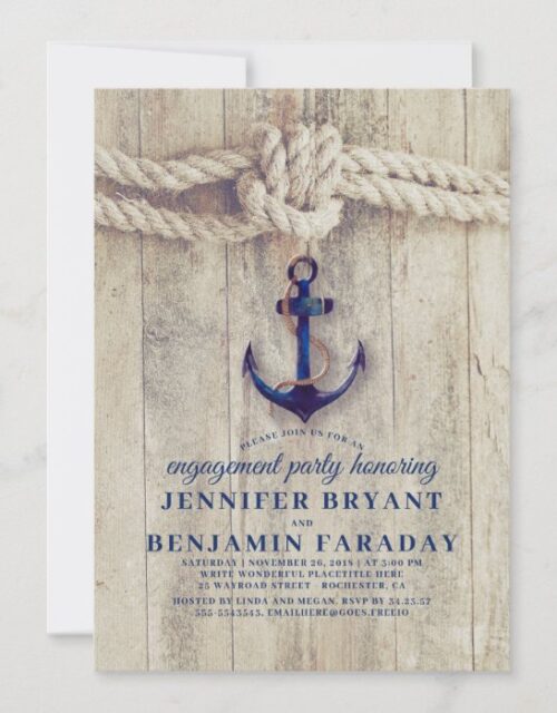 Navy Blue Anchor Rustic Nautical Engagement Party Invitation