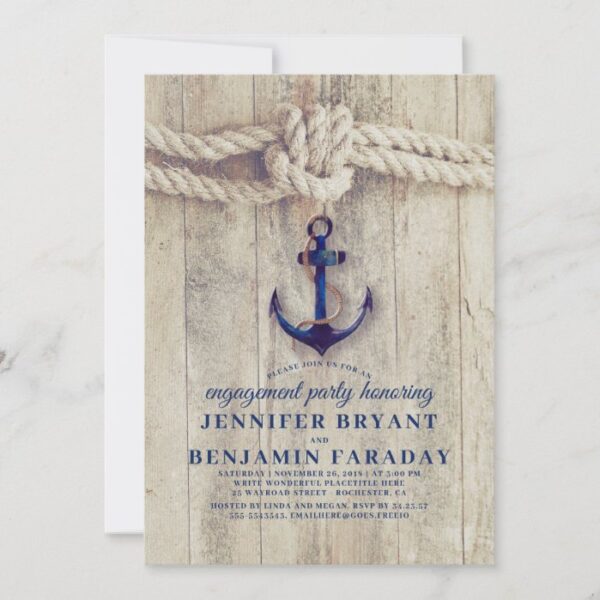 Navy Blue Anchor Rustic Nautical Engagement Party Invitation