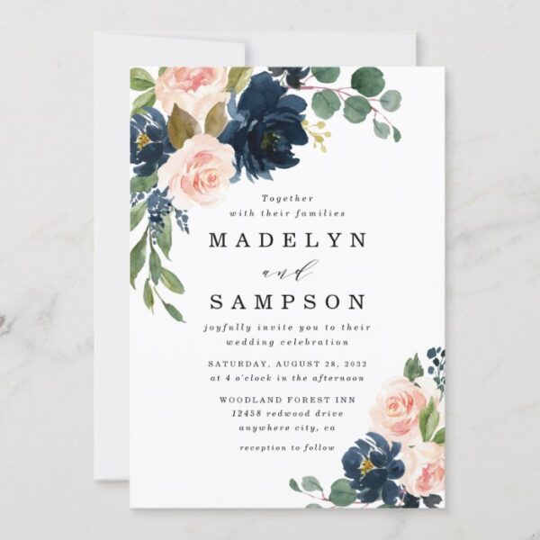 Navy Blue and Blush Pink Floral Country Wedding Invitation