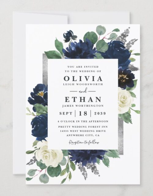 Navy Blue and Silver Elegant Ivory Floral Wedding Invitation
