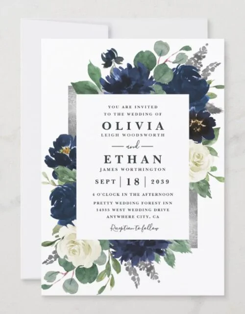 Navy Blue and Silver Elegant Ivory Floral Wedding Invitation
