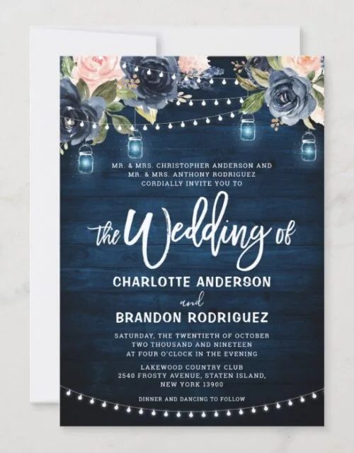 Navy Blue Blush Floral Rustic String Light Wedding Invitation