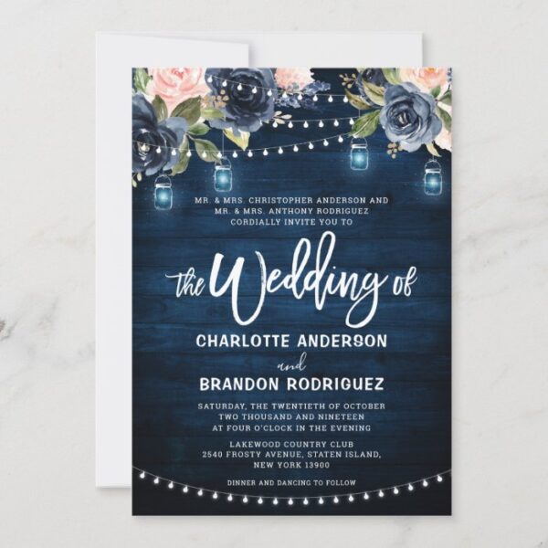 Navy Blue Blush Floral Rustic String Light Wedding Invitation
