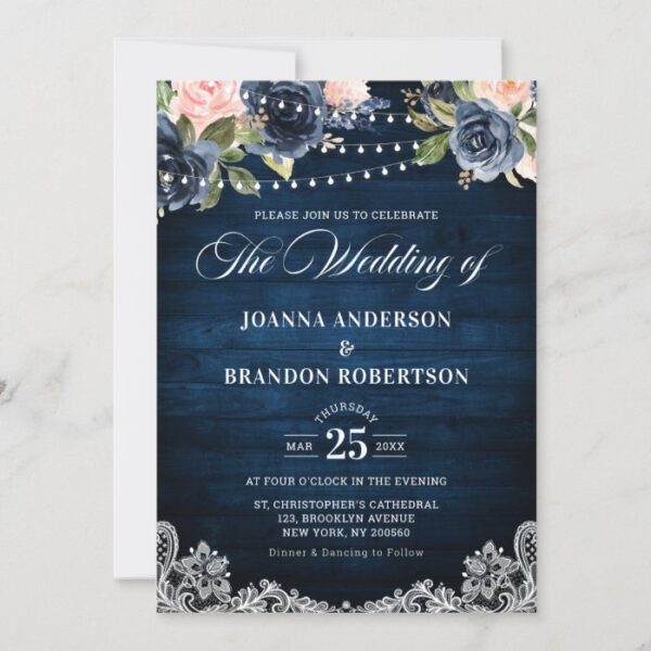 Navy Blue Blush Floral Rustic String Light Wedding Invitation