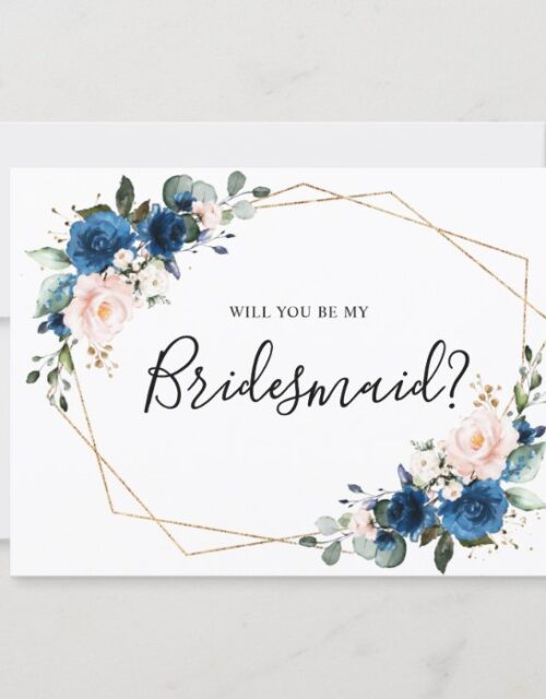 Navy Blue Blush Floral Will You Be My Bridesmaid Invitation