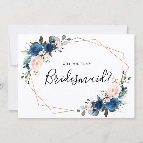 Navy Blue Blush Floral Will You Be My Bridesmaid Invitation