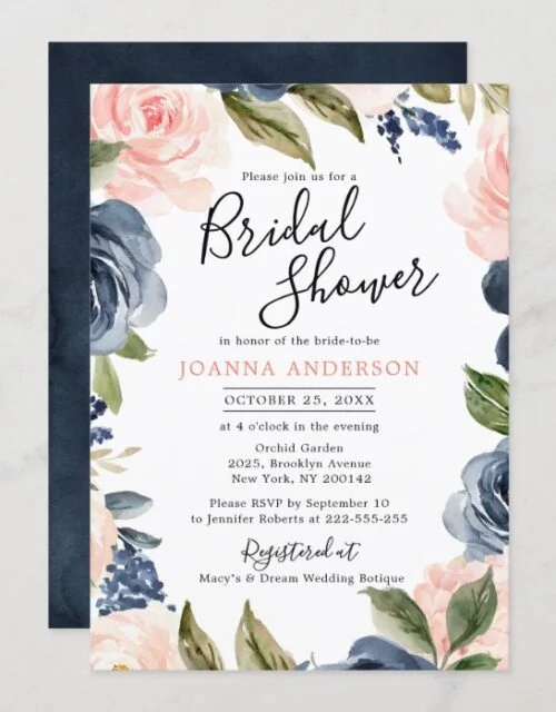 Navy Blue Blush Pink Rose Boho Bridal Shower Invitation