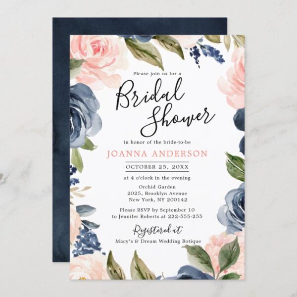 Navy Blue Blush Pink Rose Boho Bridal Shower Invitation