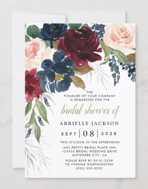 Navy Blue Burgundy Blush Pink Floral Bridal Shower Invitation