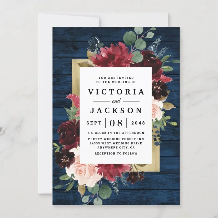 Navy Blue Burgundy Blush Pink Gold Rustic Wedding Invitation