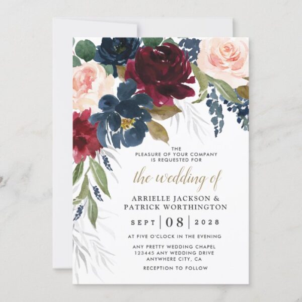 Navy Blue Burgundy Blush Pink Silver Gold Wedding Invitation