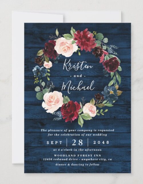Navy Blue Burgundy Blush Watercolor Wreath Wedding Invitation